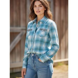 Women’s Stetson Turquoise Plaid Snap Front Shirt M